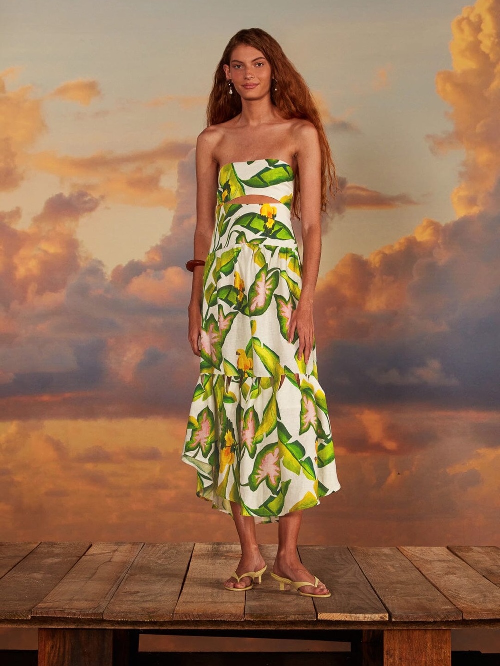Farm Rio Off-White Summer Foliage Midi Dress Tropical Floral